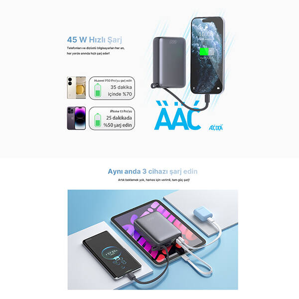 20000mah - 45W Powerbank Siyah - Hızlı Şarj - 4