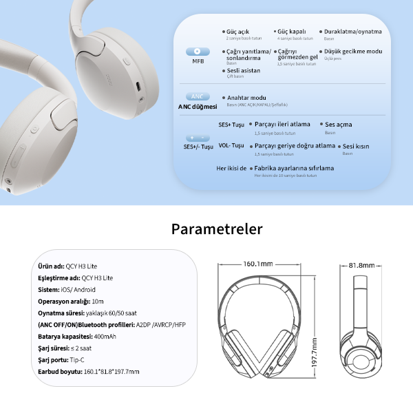 Qcy H3 Lite Kulak Üstü Bluetooth Kulaklık - 9