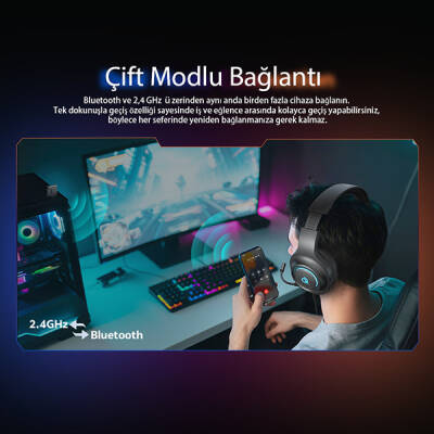 HeroaD V200 RGB 7.1 Kablosuz Gaming Oyuncu Kulaklığı 3 Modlu (BT, 2.4Ghz, Type-C) - 3