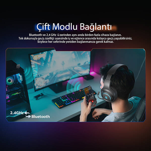 HeroaD V200 RGB 7.1 Kablosuz Gaming Oyuncu Kulaklığı 3 Modlu (BT, 2.4Ghz, Type-C) - 3