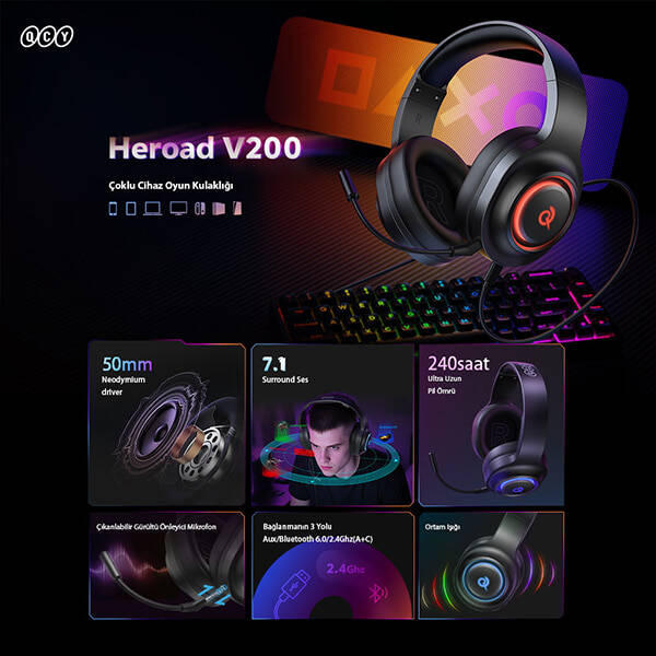 HeroaD V200 RGB 7.1 Kablosuz Gaming Oyuncu Kulaklığı 3 Modlu (BT, 2.4Ghz, Type-C) - 5