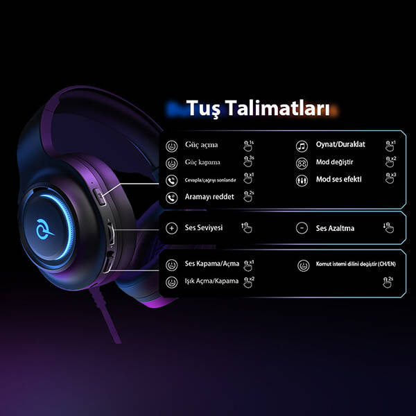 HeroaD V200 RGB 7.1 Kablosuz Gaming Oyuncu Kulaklığı 3 Modlu (BT, 2.4Ghz, Type-C) - 8