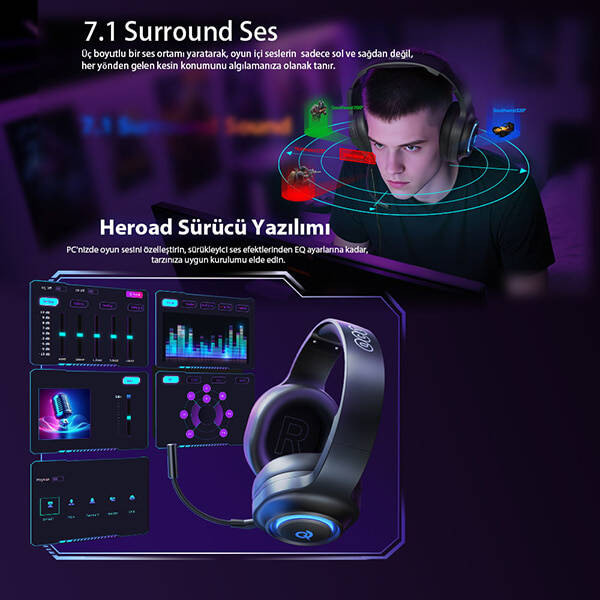 HeroaD V200 RGB 7.1 Kablosuz Gaming Oyuncu Kulaklığı 3 Modlu (BT, 2.4Ghz, Type-C) - 15