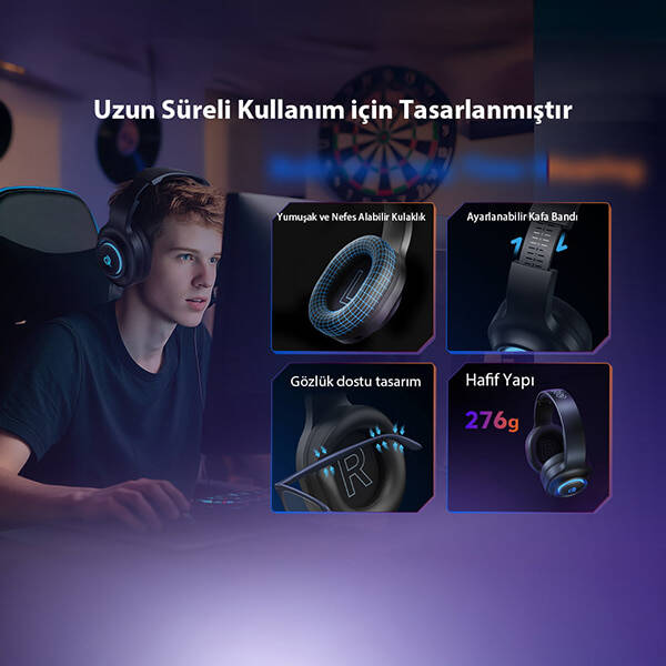 HeroaD V200 RGB 7.1 Kablosuz Gaming Oyuncu Kulaklığı 3 Modlu (BT, 2.4Ghz, Type-C) - 16