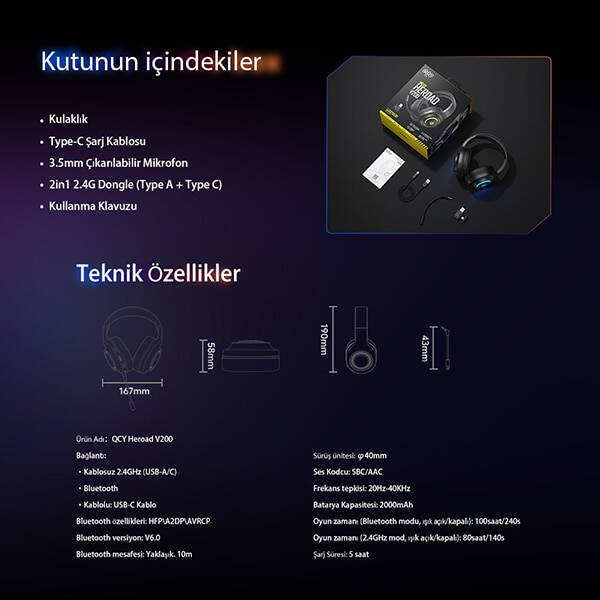 HeroaD V200 RGB 7.1 Kablosuz Gaming Oyuncu Kulaklığı 3 Modlu (BT, 2.4Ghz, Type-C) - 19